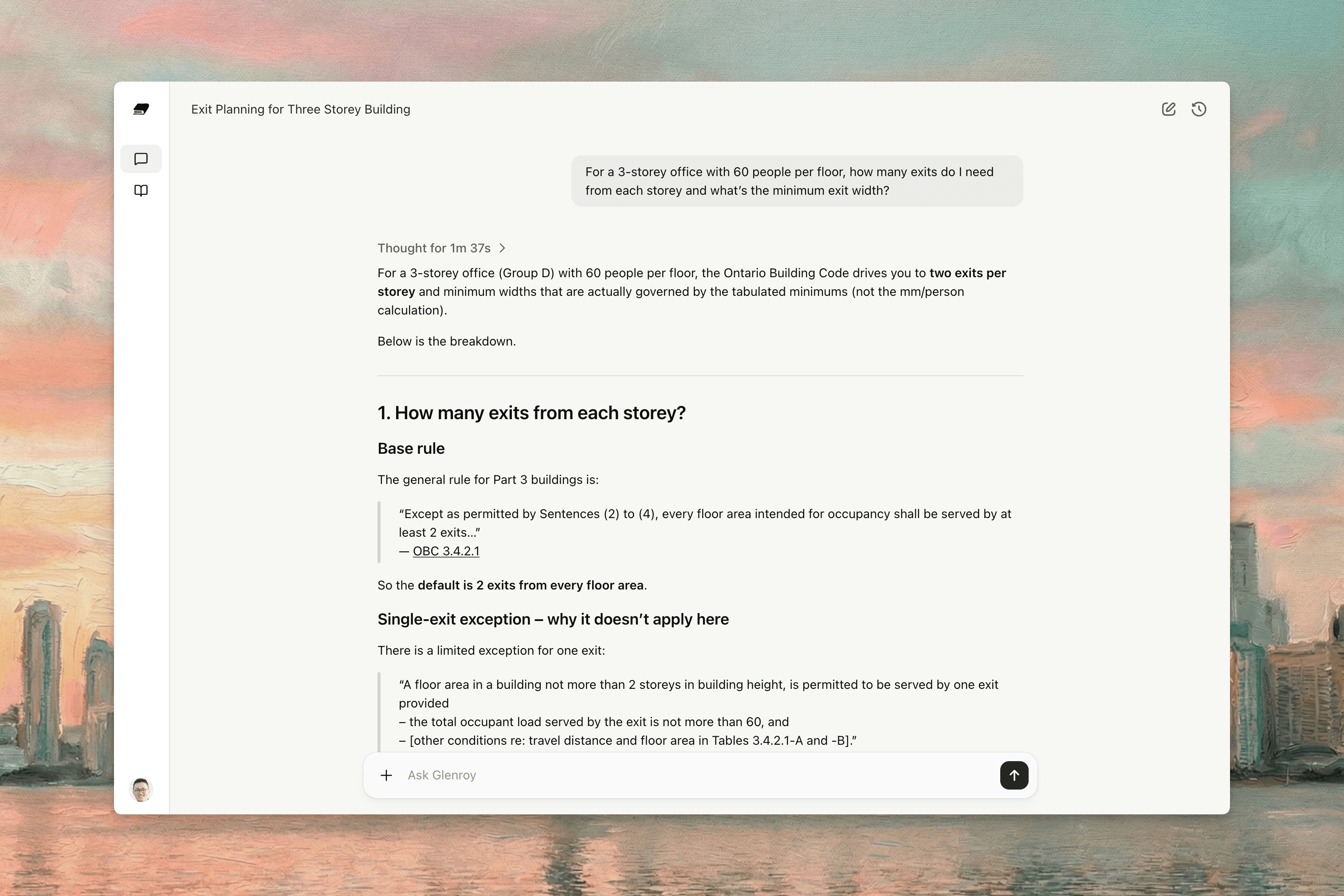 GLENROY application interface showing AI assistant conversation about building code requirements
